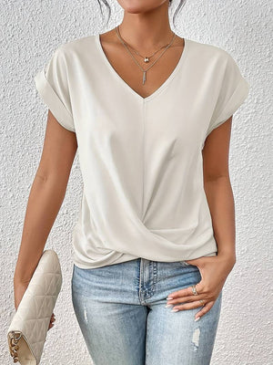 Women's V-Neck Twist-Knot Short Sleeve Blouse