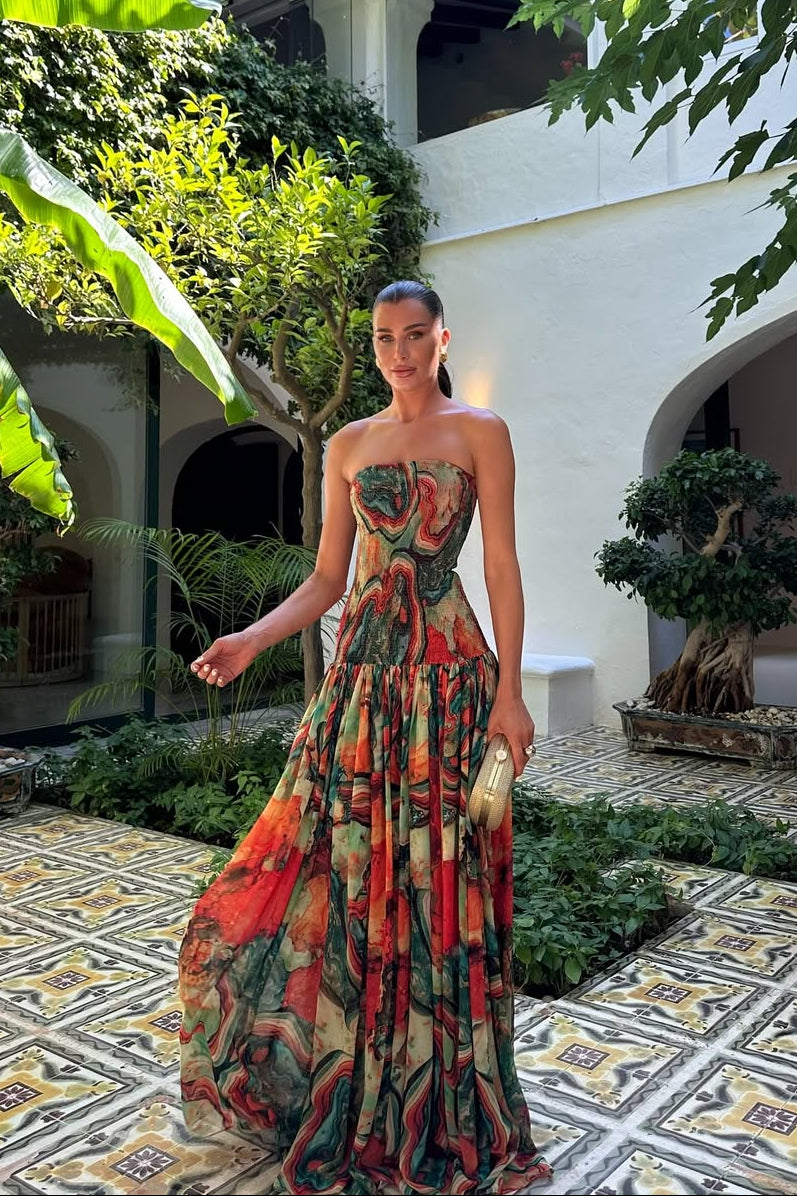 Women’s Strapless Printed Summer Evening Maxi Dress