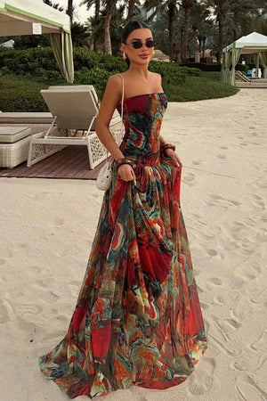 Women’s Strapless Printed Summer Evening Maxi Dress