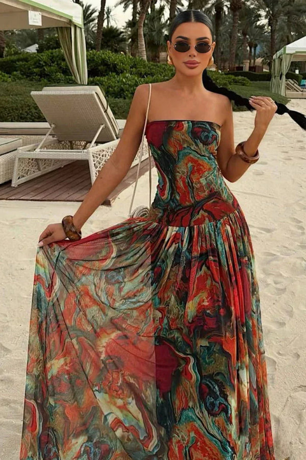 Women’s Strapless Printed Summer Evening Maxi Dress