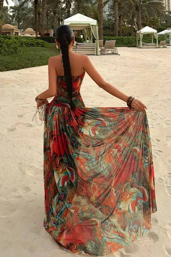 Women’s Strapless Printed Summer Evening Maxi Dress