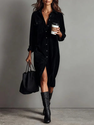 Women's Corduroy Button-Front Shirt Midi Dress