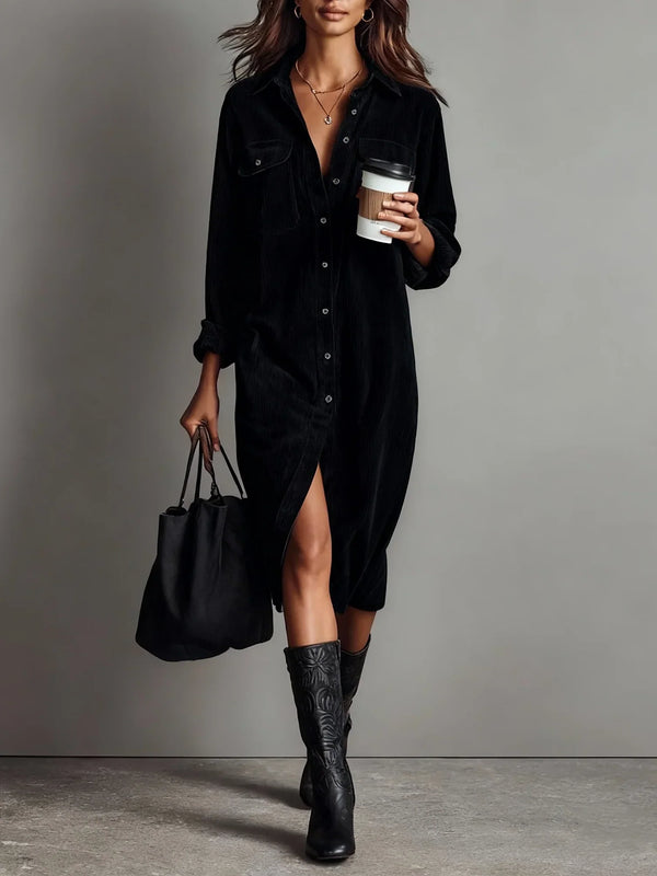 Women's Corduroy Button-Front Shirt Midi Dress