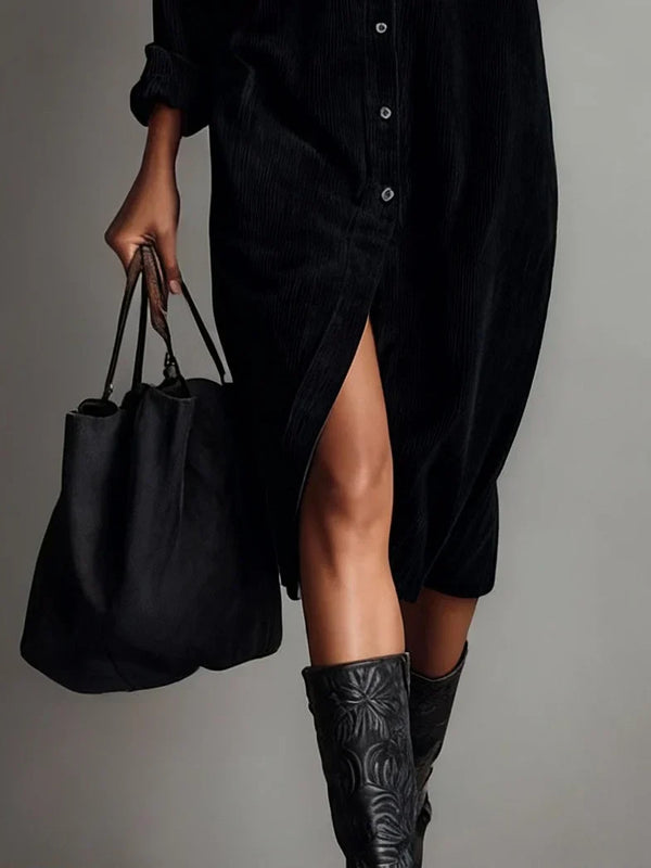Women's Corduroy Button-Front Shirt Midi Dress