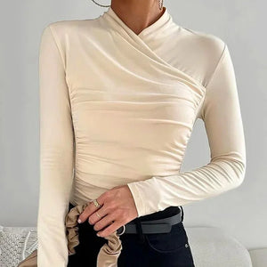 Elegant Ruched Cross Neck Long Sleeve Top for Women