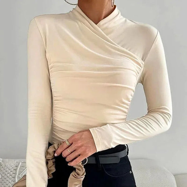 Elegant Ruched Cross Neck Long Sleeve Top for Women