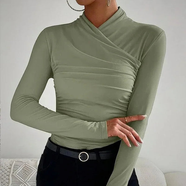 Elegant Ruched Cross Neck Long Sleeve Top for Women