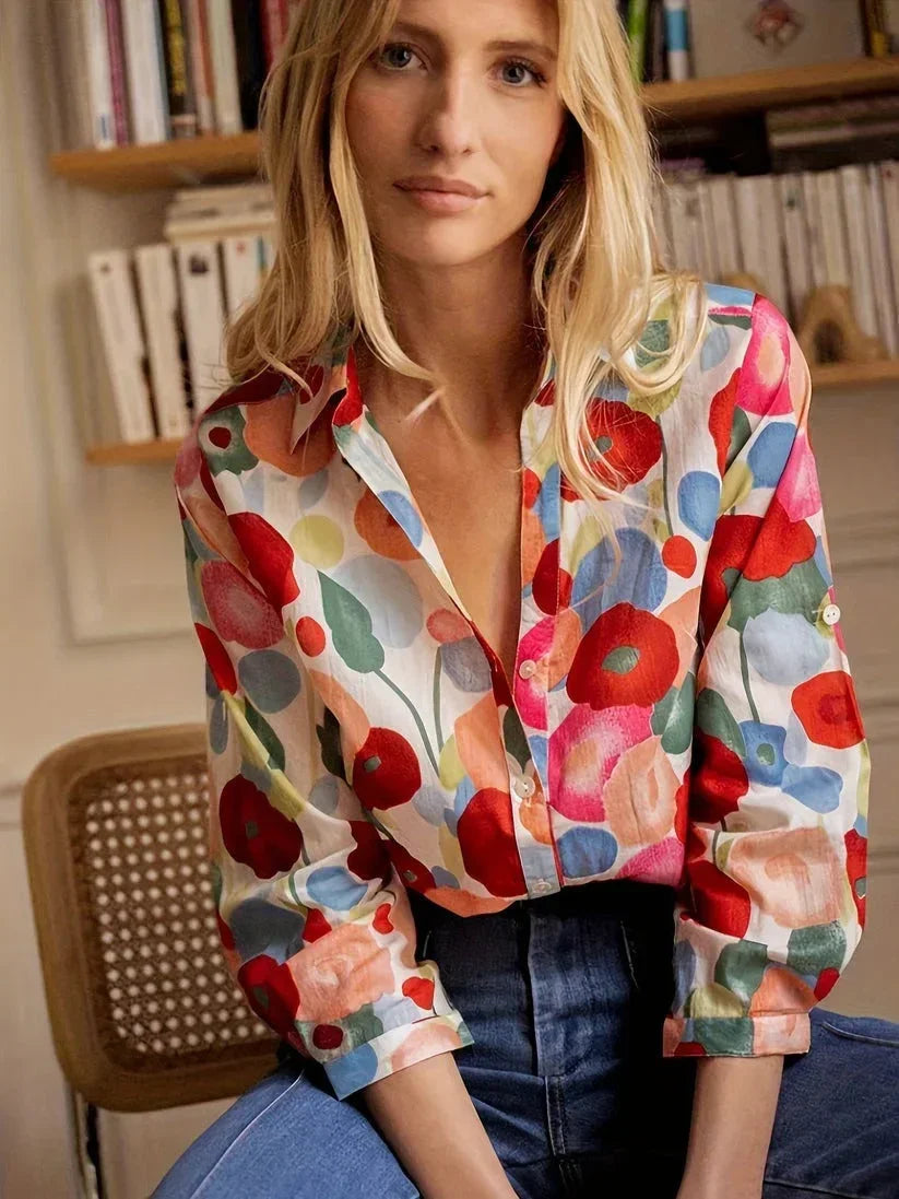 Colourful Floral Button-Up Blouse for Women