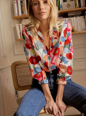 Colourful Floral Button-Up Blouse for Women