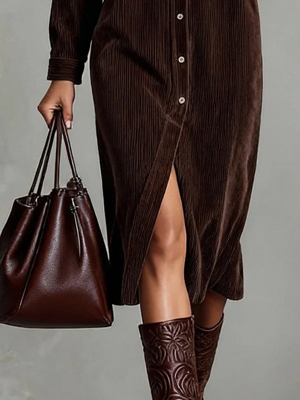 Women's Corduroy Button-Front Shirt Midi Dress
