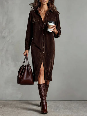 Women's Corduroy Button-Front Shirt Midi Dress