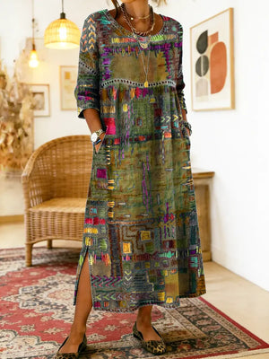Women's Midi Dress with Artistic Print and Side Slit