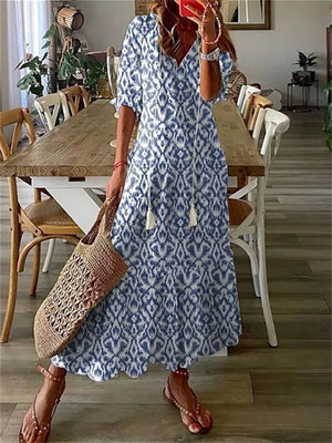 Women's Floral Print Summer Maxi Dress with Short Sleeves