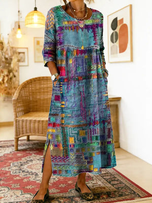 Women's Midi Dress with Artistic Print and Side Slit
