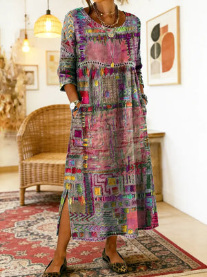 Women's Midi Dress with Artistic Print and Side Slit