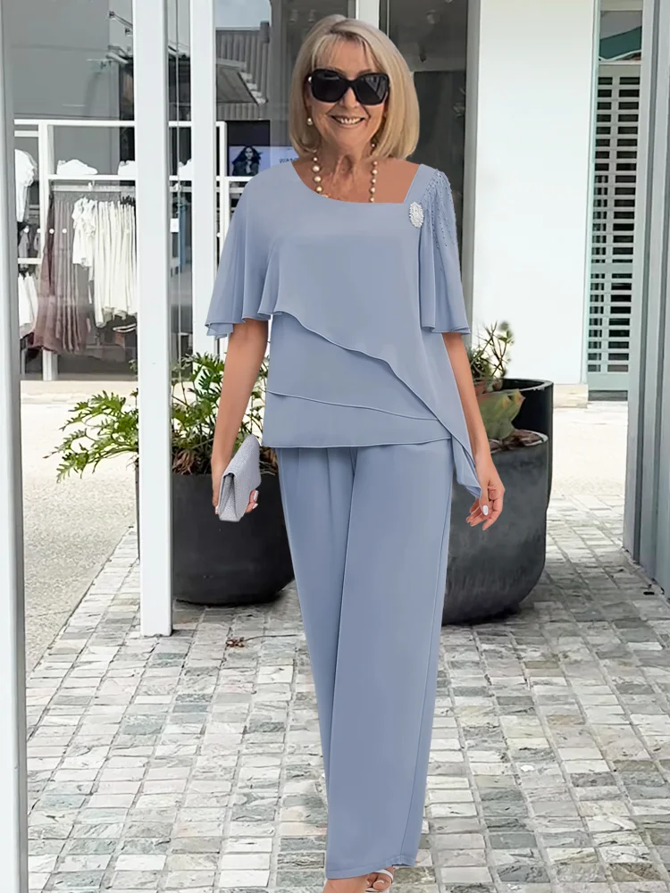 Women's Chic Layered Tunic Top and Wide-Leg Pants Coordinated Set