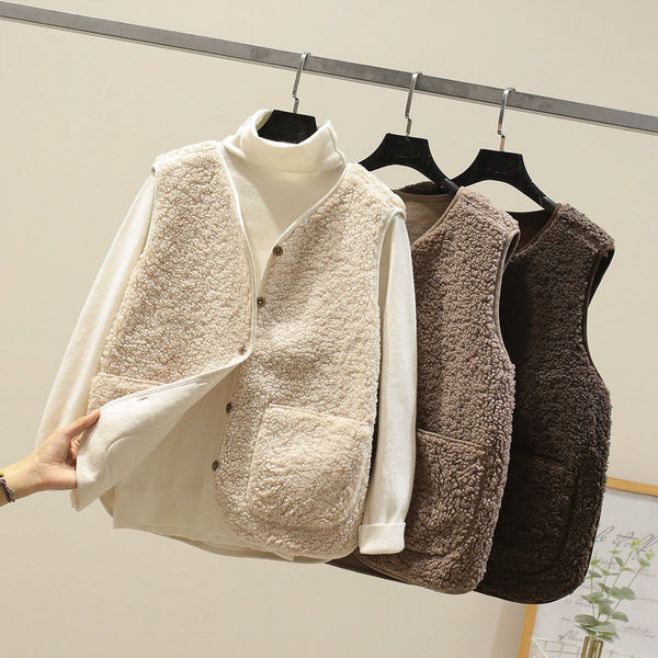 Women's Cosy Teddy Fleece Button-Front Vest with Front Pocket