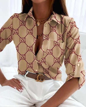 Printed Button Up Long Sleeve Casual Blouse for Women