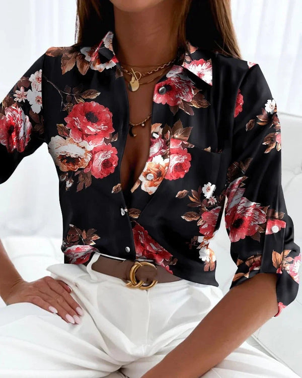 Printed Button Up Long Sleeve Casual Blouse for Women