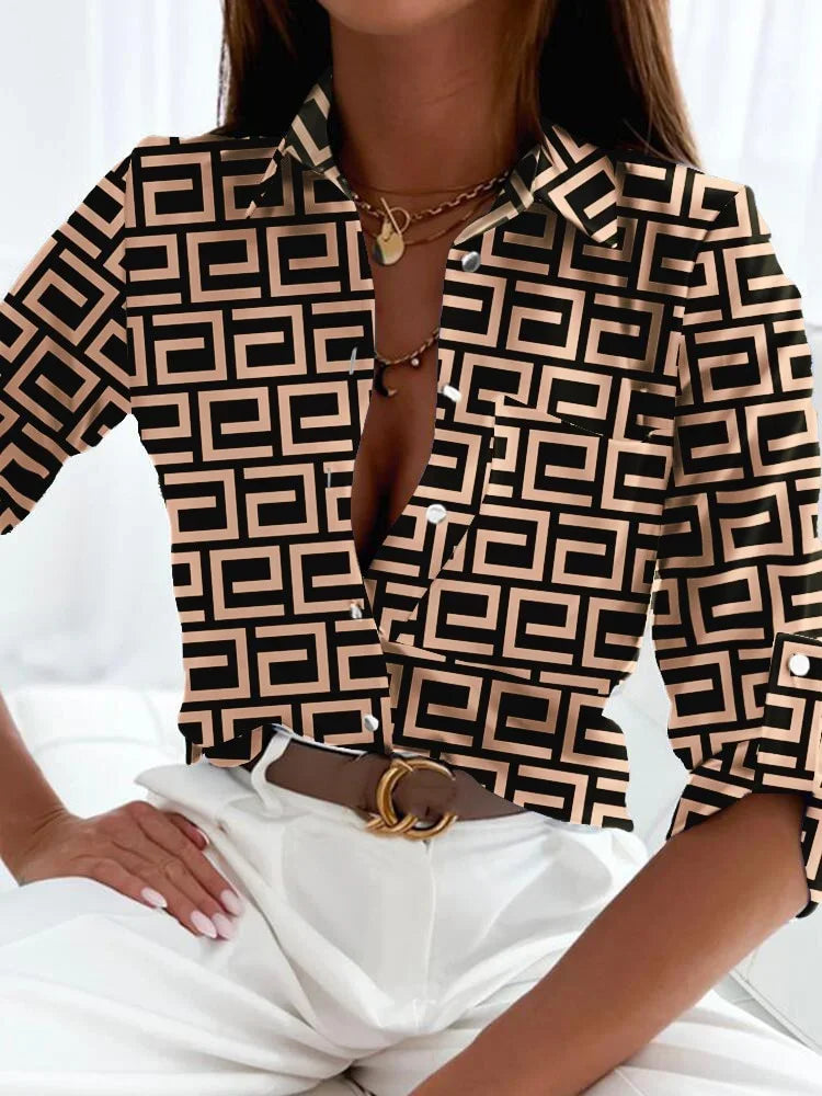 Printed Button Up Long Sleeve Casual Blouse for Women