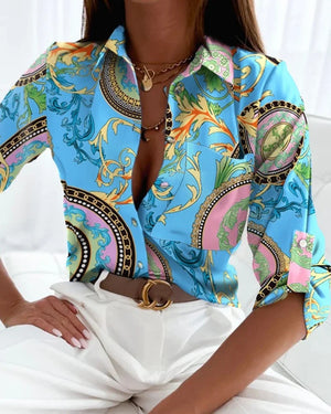 Printed Button Up Long Sleeve Casual Blouse for Women