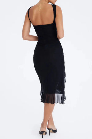 Women’s Sleeveless Ruched Midi Dress with Asymmetrical Hem and Ruffle Trim Detail