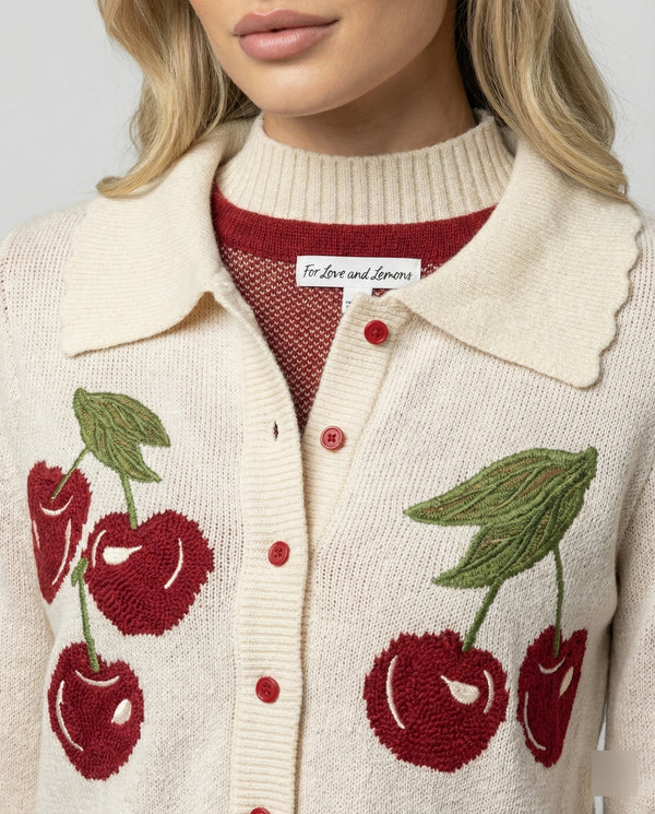 Women's Cherry Print Button-Front Cropped Cardigan