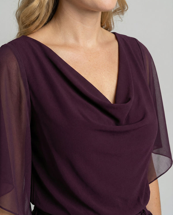 Women's Elegant Draped Neck Jumpsuit with Chiffon Cape Sleeves