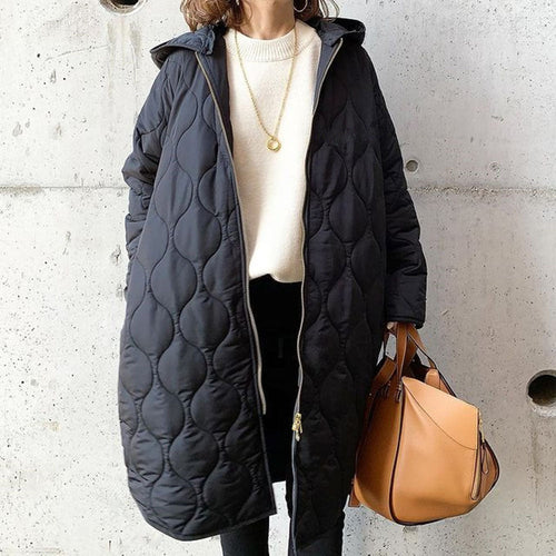 Women's Hooded Quilted Long Puffer Coat with Zip Front and Pockets