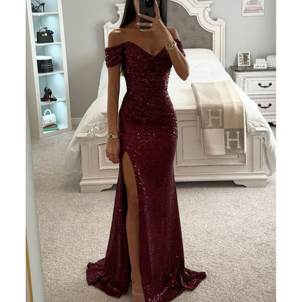 Women’s Off Shoulder Sequin Maxi Dress with High Slit and Fitted Silhouette