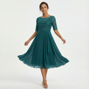 Women's Lace Midi Dress with Half-Sleeves
