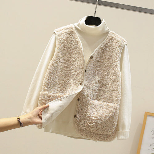 Women's Cosy Teddy Fleece Button-Front Vest with Front Pocket