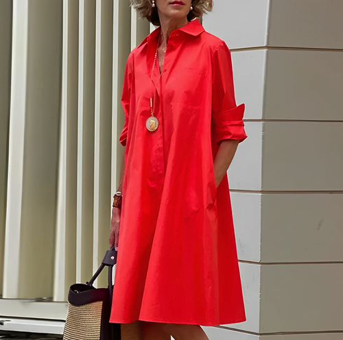 Vestido camisero relajado para mujer con cuello y bolsillos