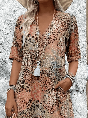 Women's Printed V-Neck Midi Dress with Relaxed Flowy Silhouette