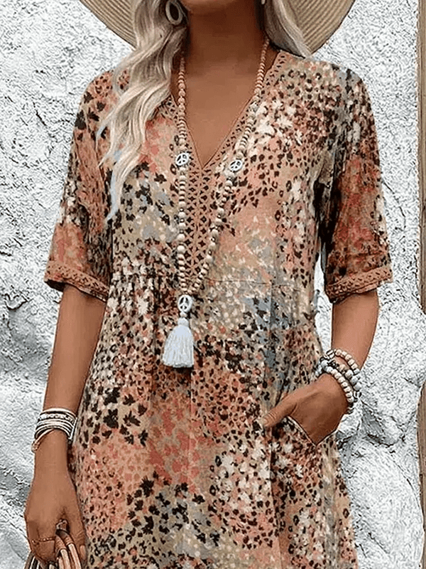 Women's Printed V-Neck Midi Dress with Relaxed Flowy Silhouette