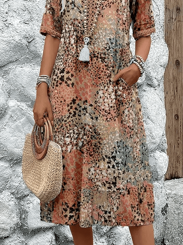 Women's Printed V-Neck Midi Dress with Relaxed Flowy Silhouette