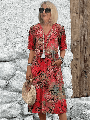 Women's Printed V-Neck Midi Dress with Relaxed Flowy Silhouette