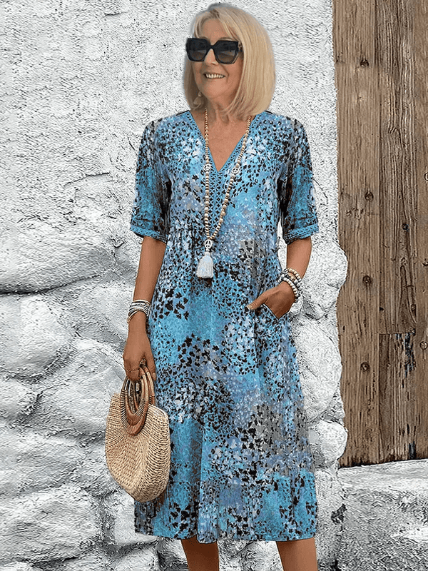Women's Printed V-Neck Midi Dress with Relaxed Flowy Silhouette