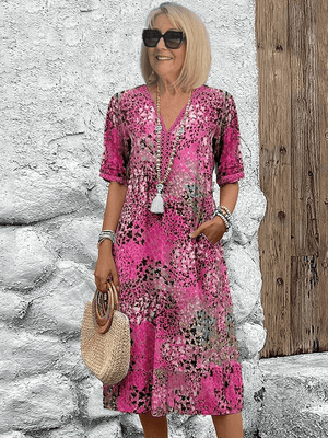 Women's Printed V-Neck Midi Dress with Relaxed Flowy Silhouette