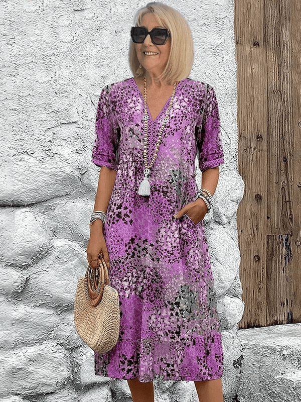 Women's Printed V-Neck Midi Dress with Relaxed Flowy Silhouette