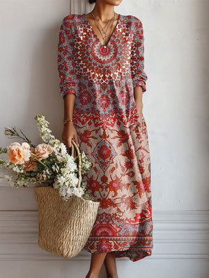 Women’s Floral Print V Neck Boho Midi Dress