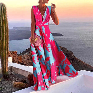 Women's Floral Printed Sleeveless V-Neck Maxi Dress