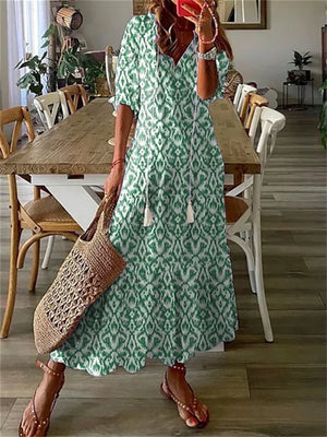 Women's Floral Print Summer Maxi Dress with Short Sleeves