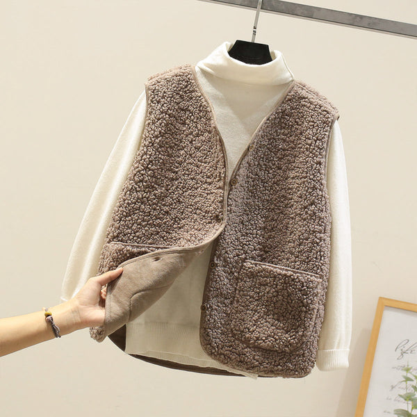 Women's Cosy Teddy Fleece Button-Front Vest with Front Pocket