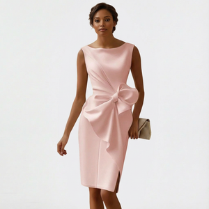 Women's Boat Neck Bodycon Midi Dress with Bow Knot Detail