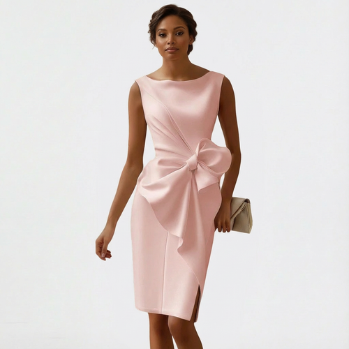 Women's Boat Neck Bodycon Midi Dress with Bow Knot Detail