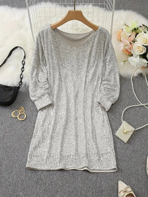 Women’s Off-Shoulder Sequin Mini Dress with Batwing Sleeves