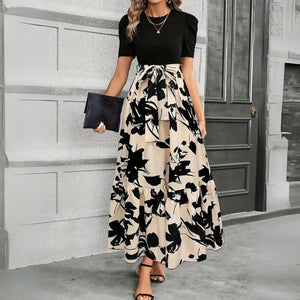 Women’s Floral Print Maxi Dress with Contrast Knit Bodice