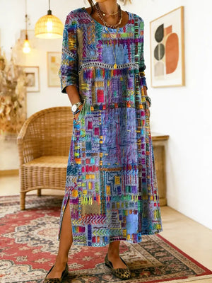 Women's Midi Dress with Artistic Print and Side Slit