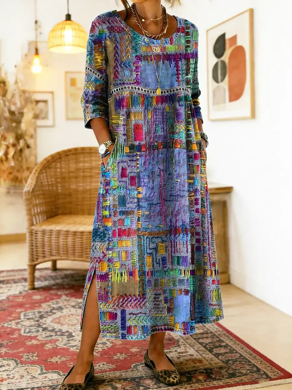 Women's Midi Dress with Artistic Print and Side Slit